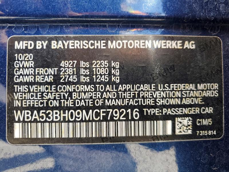 51254686 :رقم المزاد ، WBA53BH09MCF79216 vin ، 2021 Bmw 530 مزاد بيع