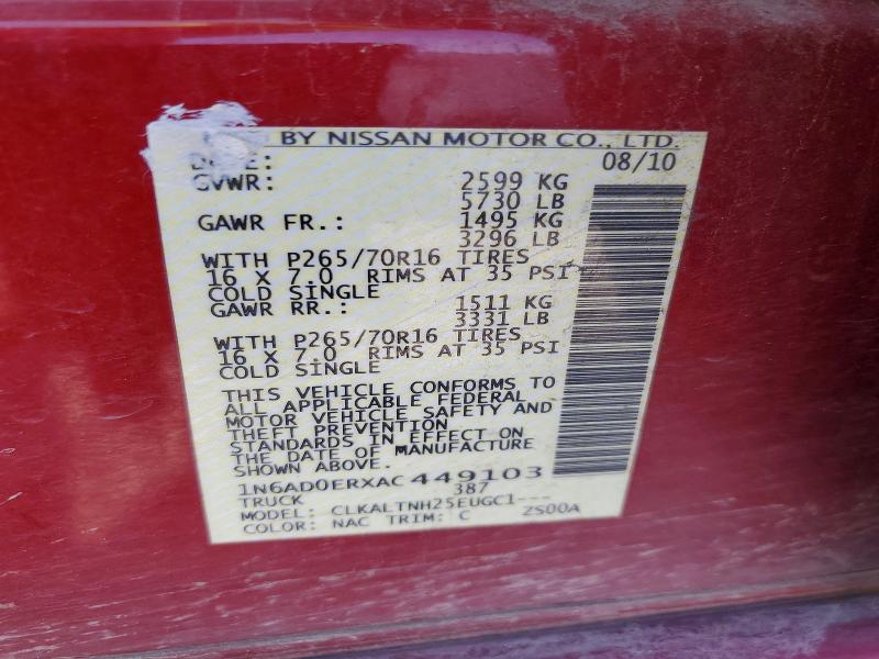 2010 Nissan Frontier მანქანა იყიდება აუქციონზე, vin: 1N6AD0ERXAC449103, აუქციონის ნომერი: 50668546