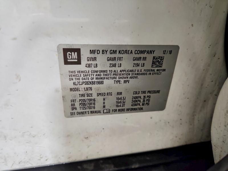 Продаж на аукціоні авто 2019 Chevrolet Trax, vin: KL7CJPSB2KB819680, номер лоту: 46923546