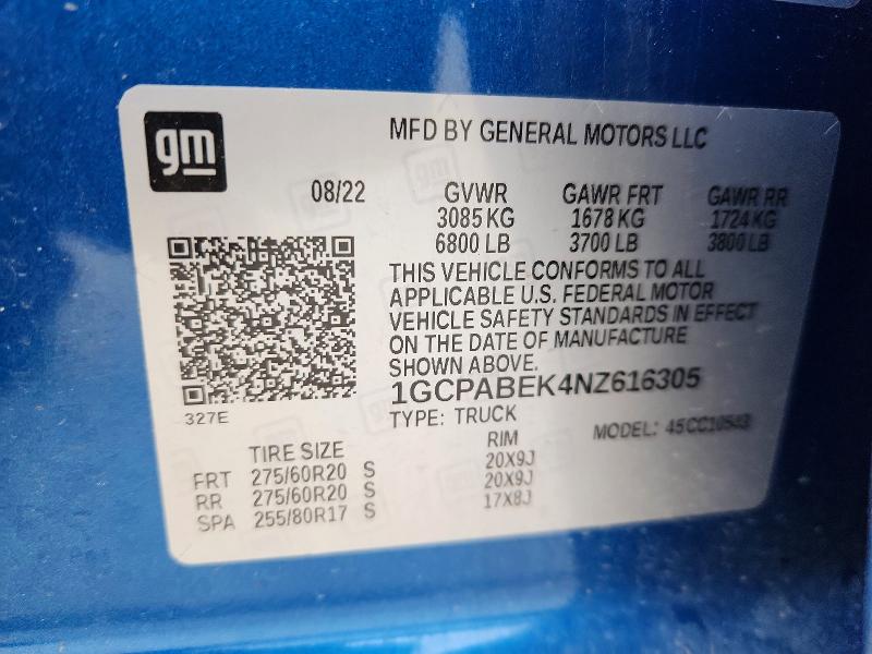 51887456 :رقم المزاد ، 1GCPABEK4NZ616305 vin ، 2022 Chevrolet Silverado مزاد بيع