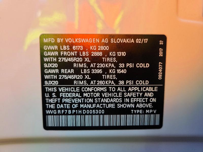 2017 Volkswagen Touareg მანქანა იყიდება აუქციონზე, vin: WVGRF7BP1HD005300, აუქციონის ნომერი: 50801046