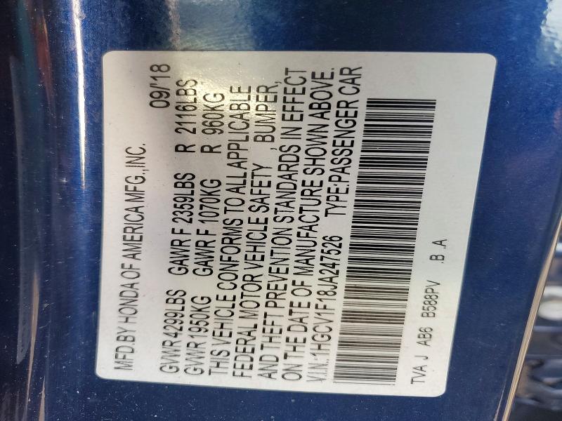 48081316 :رقم المزاد ، 1HGCV1F18JA247526 vin ، 2018 Honda Accord مزاد بيع