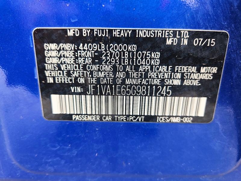 Продажа на аукционе авто 2016 Subaru Wrx, vin: JF1VA1E65G9811245, номер лота: 50969966