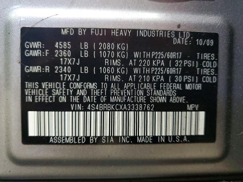 50324586 :رقم المزاد ، 4S4BRBKCXA3338762 vin ، 2010 Subaru Outback مزاد بيع