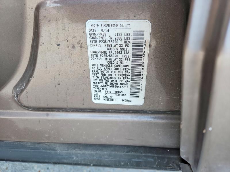 2014 Nissan Murano მანქანა იყიდება აუქციონზე, vin: JN8AZ1MU8EW417761, აუქციონის ნომერი: 51584716
