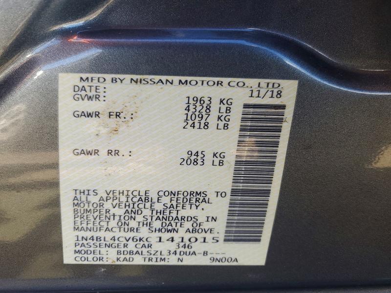 2019 Nissan Altima მანქანა იყიდება აუქციონზე, vin: 1N4BL4CV6KC141015, აუქციონის ნომერი: 50426056