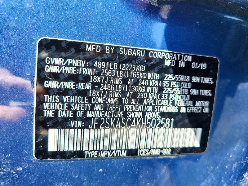 Продажа на аукционе авто 2019 Subaru Forester, vin: JF2SKASC4KH502581, номер лота: 50510266