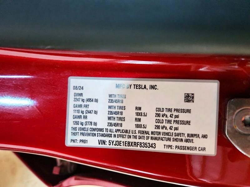 Продаж на аукціоні авто 2024 Tesla Model 3, vin: 5YJ3E1EBXRF835343, номер лоту: 49649356