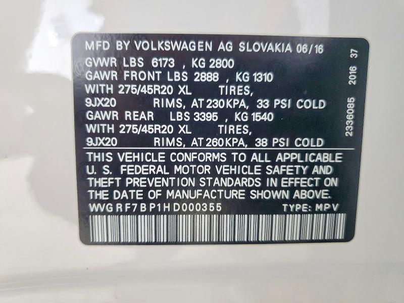Aukcja sprzedaży 2017 Volkswagen Touareg, vin: WVGRF7BP1HD000355, numer aukcji: 50640276