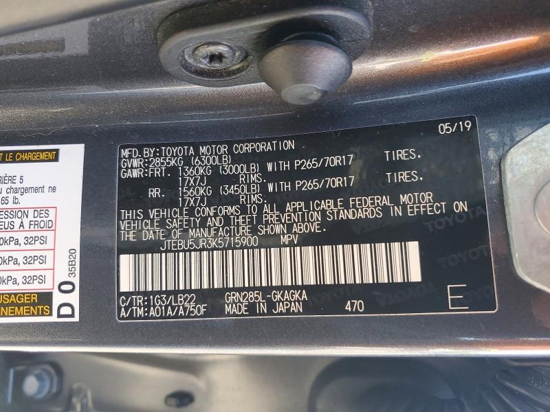 51550156 :رقم المزاد ، JTEBU5JR3K5715900 vin ، 2019 Toyota 4runner مزاد بيع