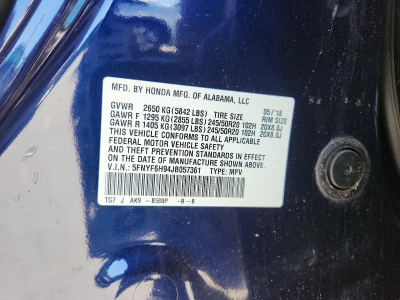 Aukcja sprzedaży 2018 Honda Pilot, vin: 5FNYF6H94JB057361, numer aukcji: 49913286