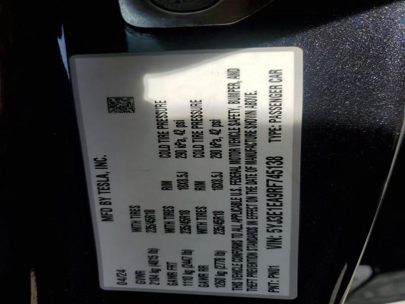 2024 Tesla Model 3 მანქანა იყიდება აუქციონზე, vin: 5YJ3E1EA9RF745138, აუქციონის ნომერი: 49517466