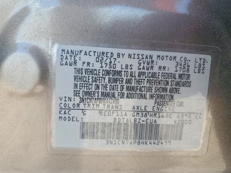 Продаж на аукціоні авто 2017 Nissan Versa, vin: 3N1CN7AP8HK442499, номер лоту: 50189526