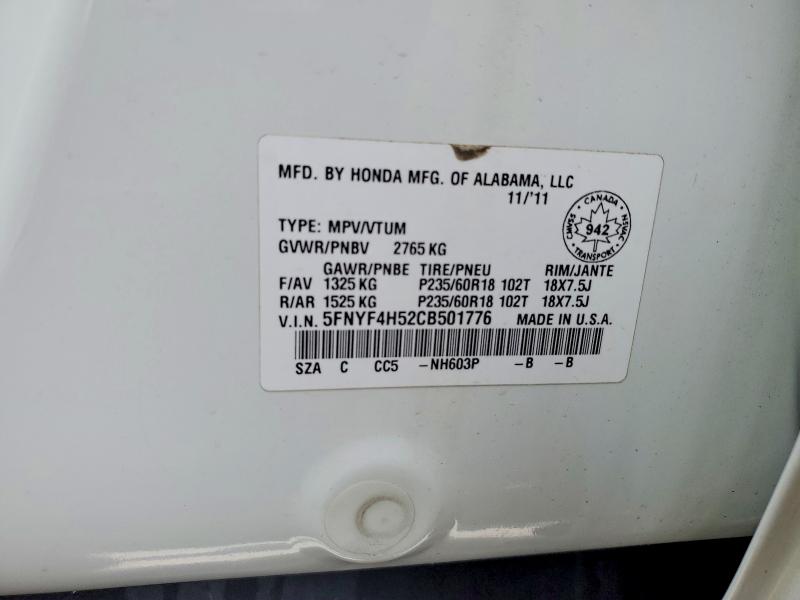 47931976 :رقم المزاد ، 5FNYF4H52CB501776 vin ، 2012 Honda Pilot مزاد بيع