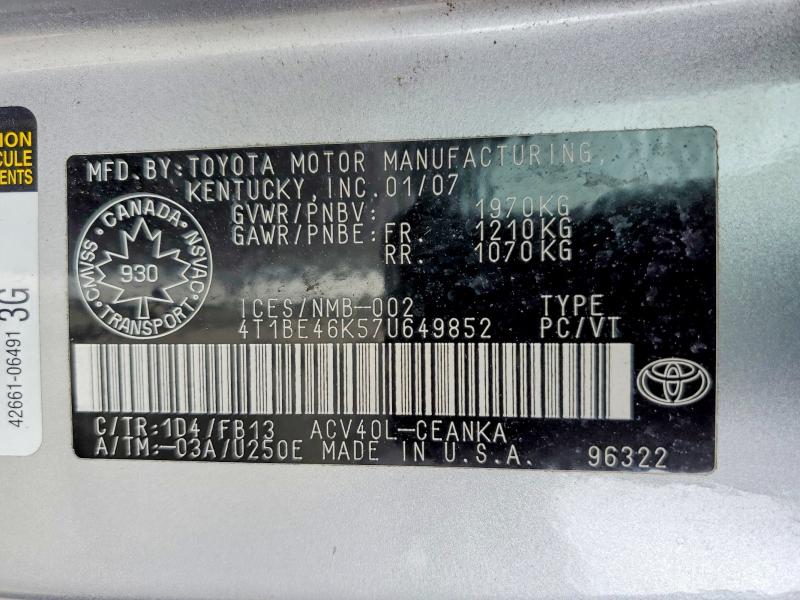 Продаж на аукціоні авто 2007 Toyota Camry, vin: 4T1BE46K57U649852, номер лоту: 48670526