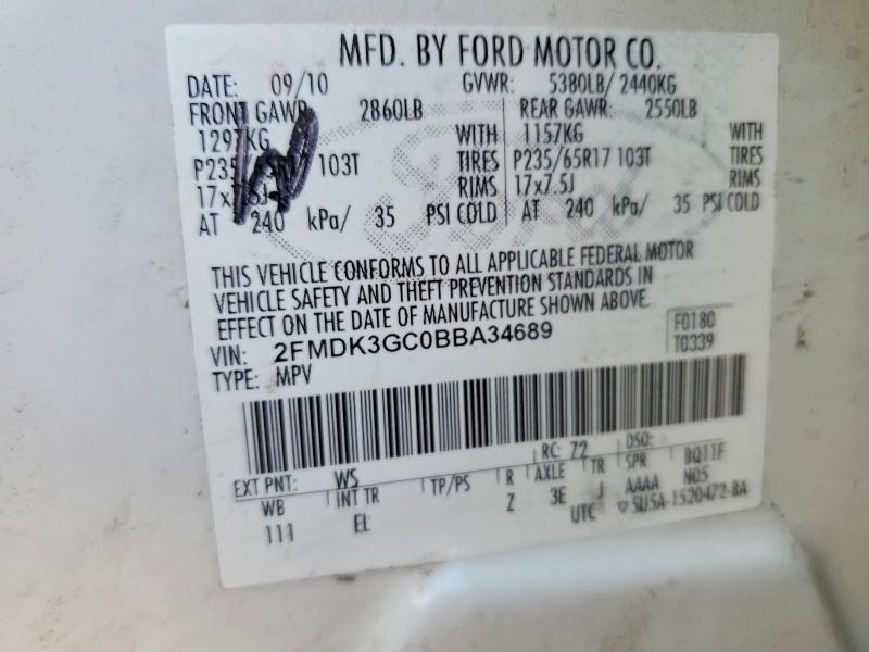 51044886 :رقم المزاد ، 2FMDK3GC0BBA34689 vin ، 2011 Ford Edge مزاد بيع