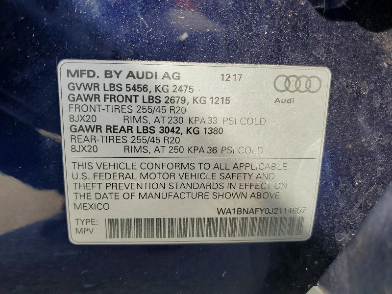 2018 Audi Q5 მანქანა იყიდება აუქციონზე, vin: WA1BNAFY0J2114657, აუქციონის ნომერი: 50766756