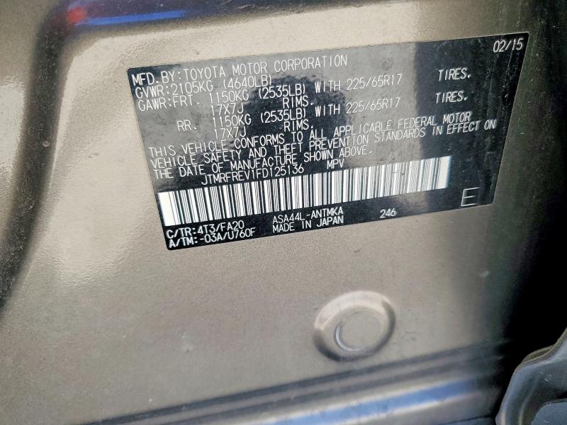 51466046 :رقم المزاد ، JTMRFREV1FD125136 vin ، 2015 Toyota Rav4 مزاد بيع
