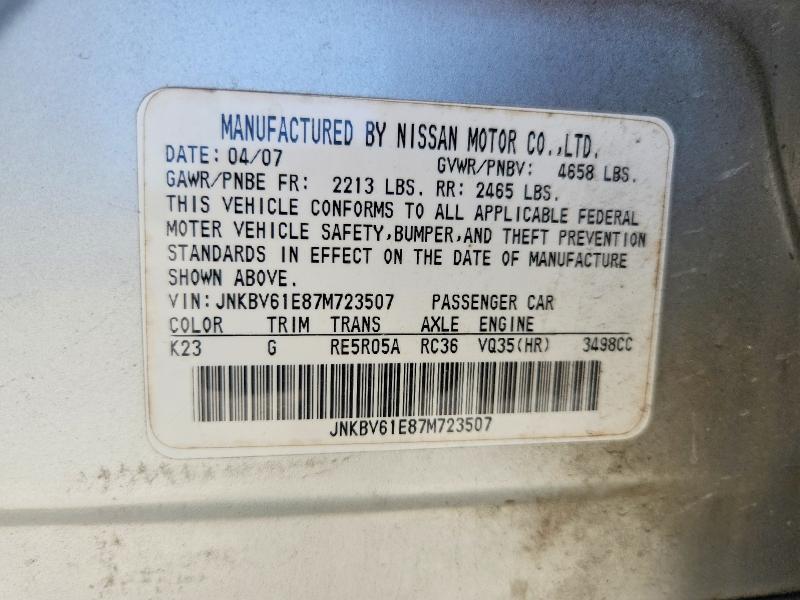 Aukcja sprzedaży 2007 Infiniti G35, vin: JNKBV61E87M723507, numer aukcji: 49371356