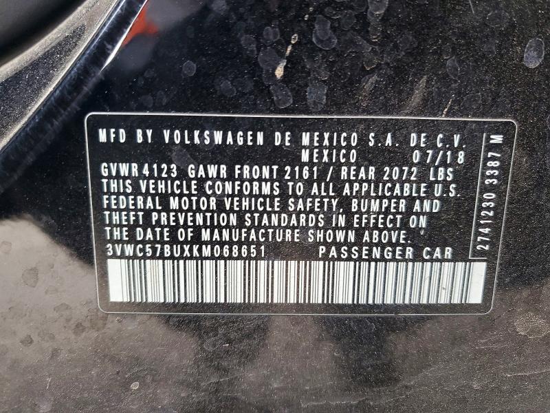 2019 Volkswagen Jetta მანქანა იყიდება აუქციონზე, vin: 3VWC57BUXKM068651, აუქციონის ნომერი: 49812236
