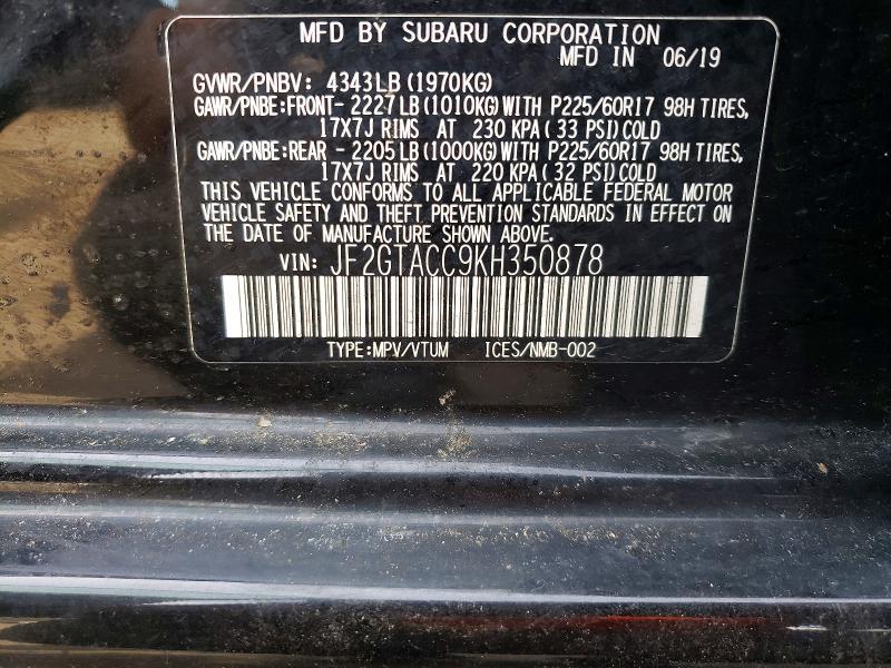 2019 Subaru Crosstrek მანქანა იყიდება აუქციონზე, vin: JF2GTACC9KH350878, აუქციონის ნომერი: 51259496