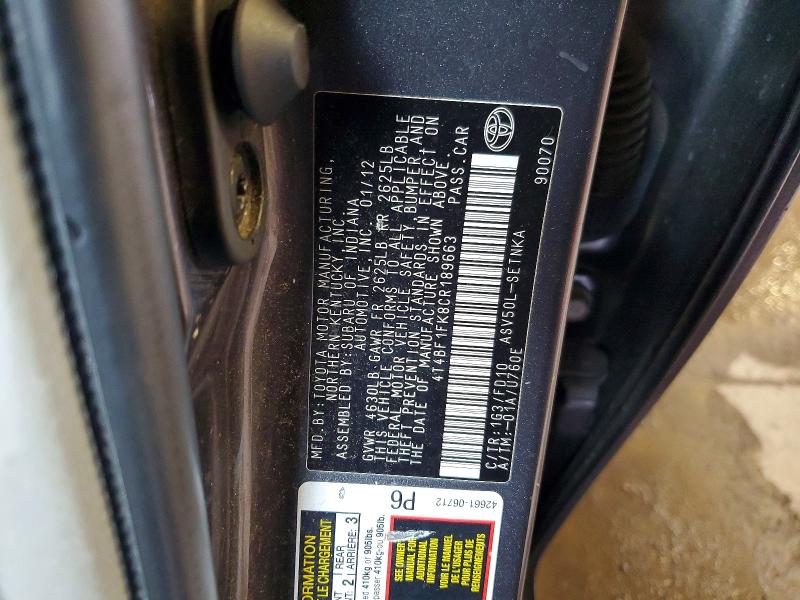 49491356 :رقم المزاد ، 4T4BF1FK8CR189663 vin ، 2012 Toyota Camry مزاد بيع