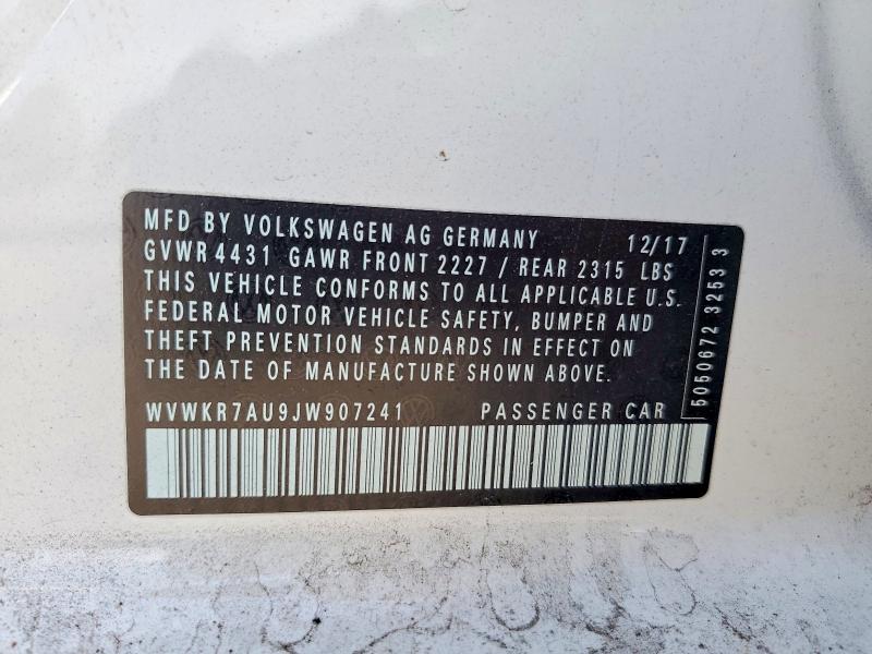 52075906 :رقم المزاد ، WVWKR7AU9JW907241 vin ، 2018 Volkswagen E-golf مزاد بيع
