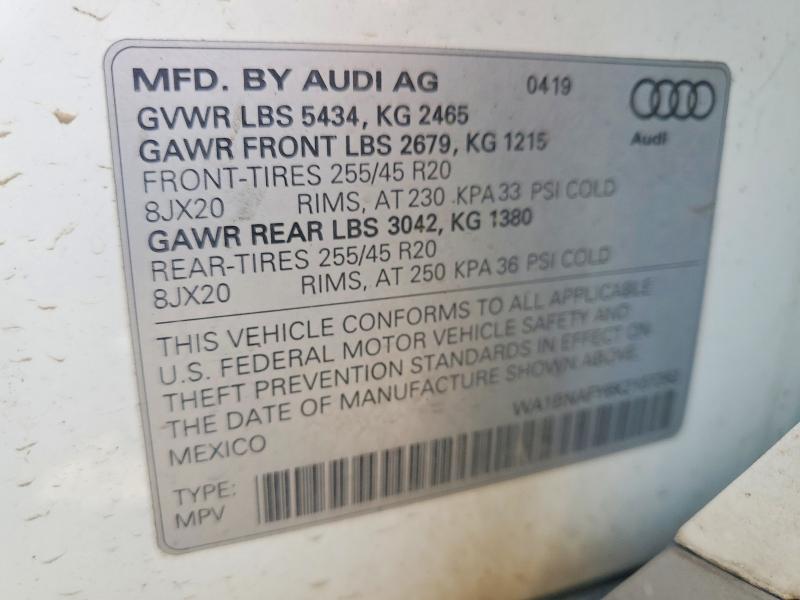 49002426 :رقم المزاد ، WA1BNAFY6K2107262 vin ، 2019 Audi Q5 مزاد بيع