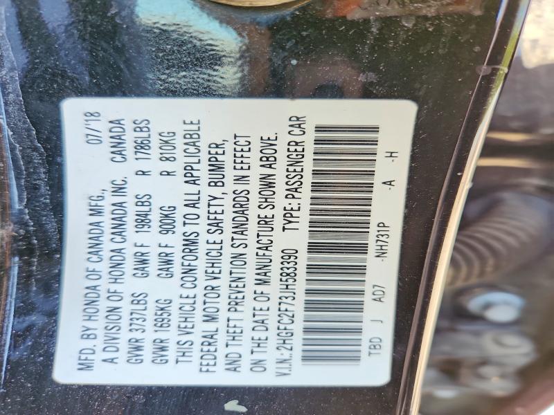 2018 Honda Civic მანქანა იყიდება აუქციონზე, vin: 2HGFC2F73JH583390, აუქციონის ნომერი: 49902766