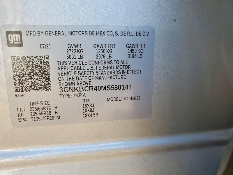 Aukcja sprzedaży 2021 Chevrolet Blazer, vin: 3GNKBCR40MS580141, numer aukcji: 48968916