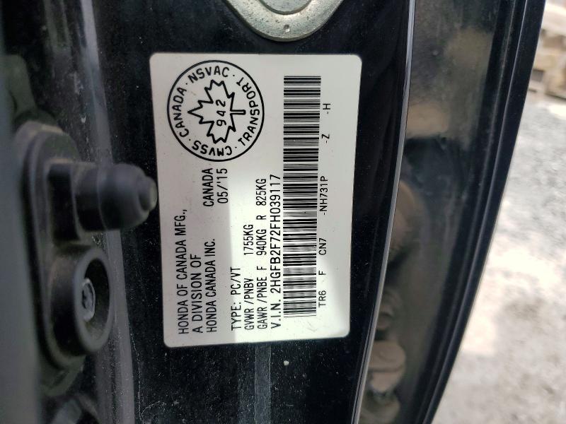 Aukcja sprzedaży 2015 Honda Civic, vin: 2HGFB2F72FH039117, numer aukcji: 50113796