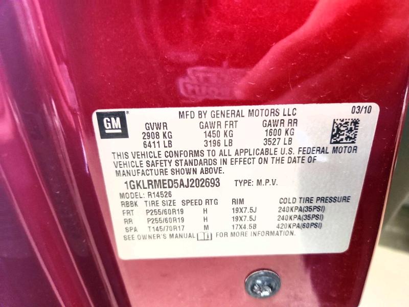 2010 Gmc Acadia მანქანა იყიდება აუქციონზე, vin: 1GKLRMED5AJ202693, აუქციონის ნომერი: 50825956