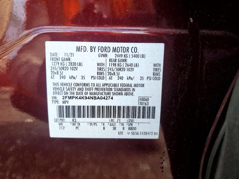 Продажа на аукционе авто 2022 Ford Edge, vin: 2FMPK4K94NBA04274, номер лота: 47896356