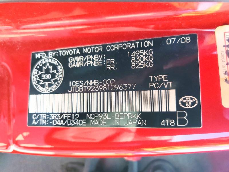 48672586 :رقم المزاد ، JTDBT923981296377 vin ، 2008 Toyota Yaris مزاد بيع