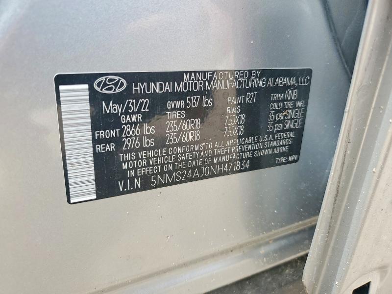 2022 Hyundai Santa Fe მანქანა იყიდება აუქციონზე, vin: 5NMS24AJ0NH471834, აუქციონის ნომერი: 48279006