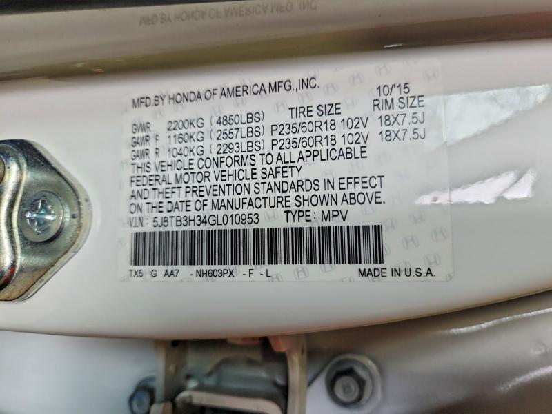 50811746 :رقم المزاد ، 5J8TB3H34GL010953 vin ، 2016 Acura Rdx مزاد بيع