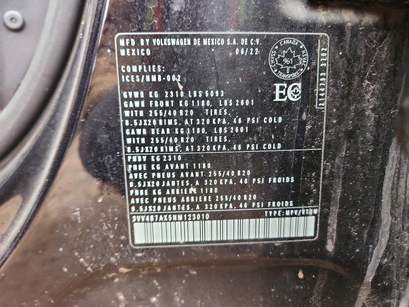 2022 Volkswagen Tiguan მანქანა იყიდება აუქციონზე, vin: 3VV4B7AX5NM123010, აუქციონის ნომერი: 50217656