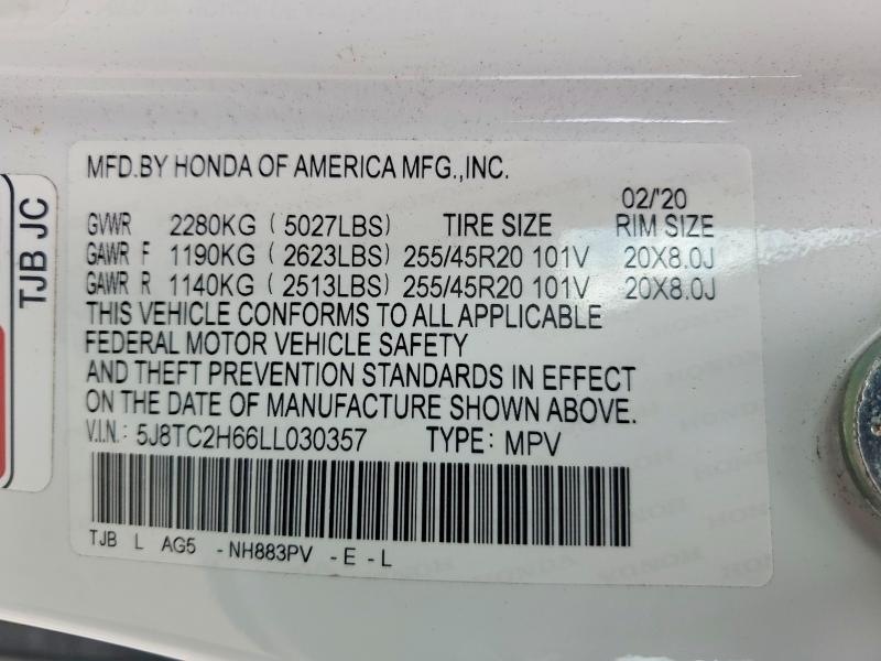 48011366 :رقم المزاد ، 5J8TC2H66LL030357 vin ، 2020 Acura Rdx مزاد بيع