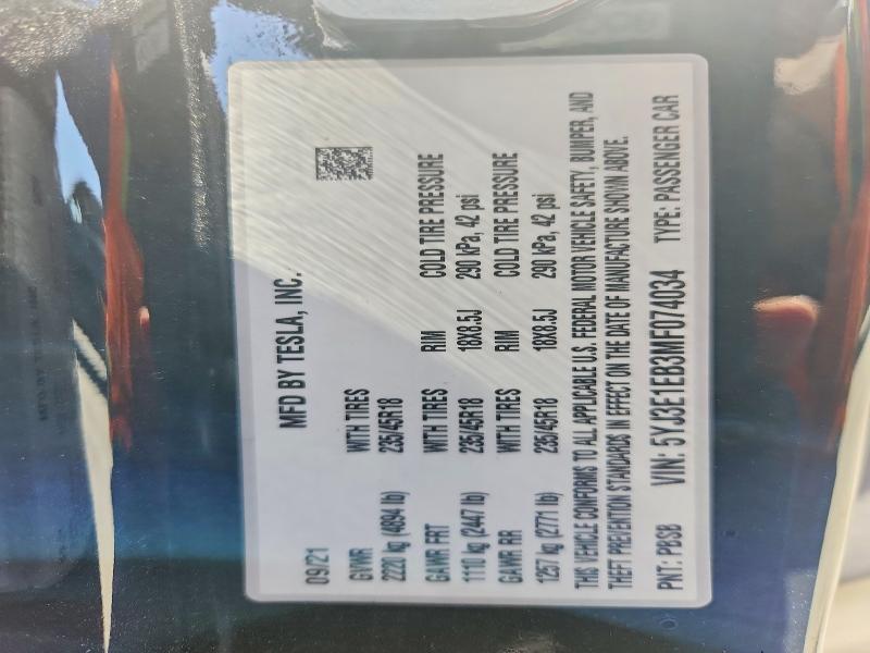 Aukcja sprzedaży 2021 Tesla Model 3, vin: 5YJ3E1EB3MF074034, numer aukcji: 50179946