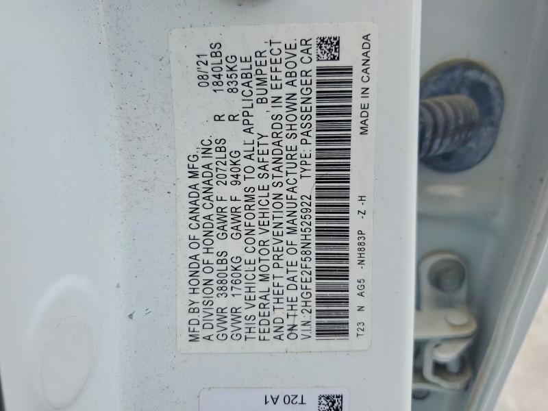 Aukcja sprzedaży 2022 Honda Civic, vin: 2HGFE2F58NH525922, numer aukcji: 51249216