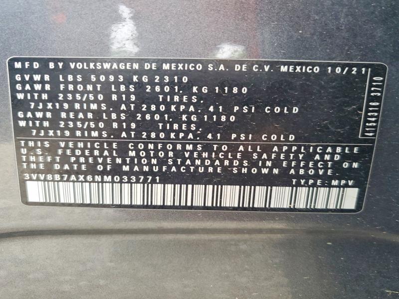Aukcja sprzedaży 2022 Volkswagen Tiguan, vin: 3VV8B7AX6NM033771, numer aukcji: 51300466