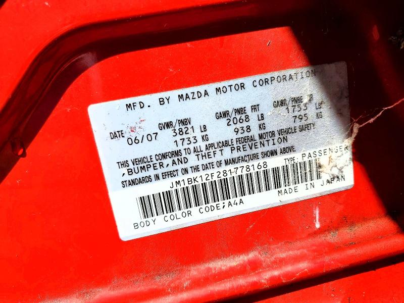 Aukcja sprzedaży 2008 Mazda 3, vin: JM1BK12F281778168, numer aukcji: 50640186