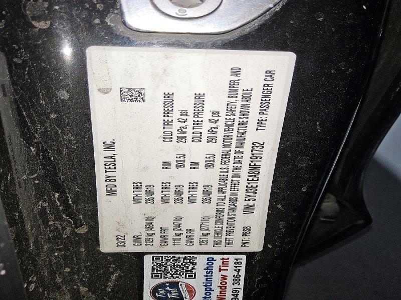 2022 Tesla Model 3 მანქანა იყიდება აუქციონზე, vin: 5YJ3E1EA8NF191732, აუქციონის ნომერი: 50634716