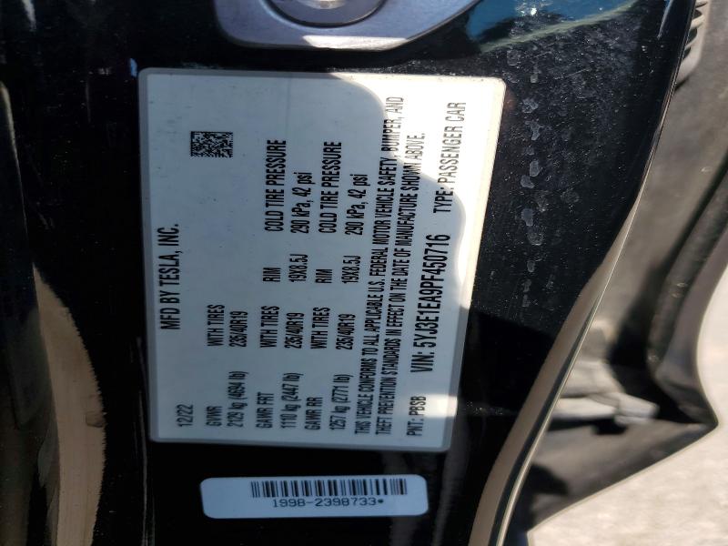 2023 Tesla Model 3 მანქანა იყიდება აუქციონზე, vin: 5YJ3E1EA9PF450716, აუქციონის ნომერი: 50176346