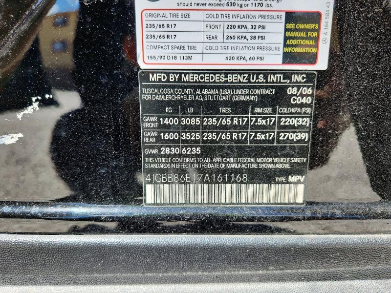 49944896 :رقم المزاد ، 4JGBB86E17A161168 vin ، 2007 Mercedes-benz Ml مزاد بيع