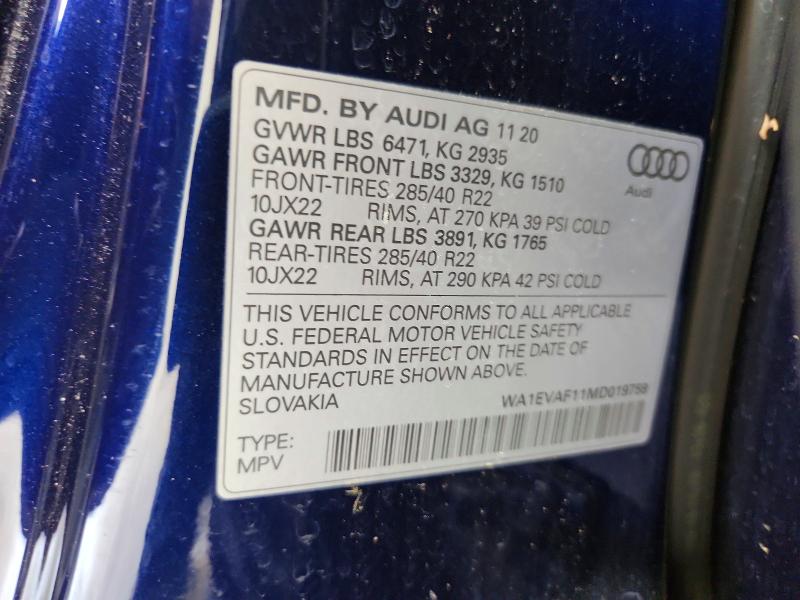2021 Audi Q8 მანქანა იყიდება აუქციონზე, vin: WA1EVAF11MD019758, აუქციონის ნომერი: 49412876