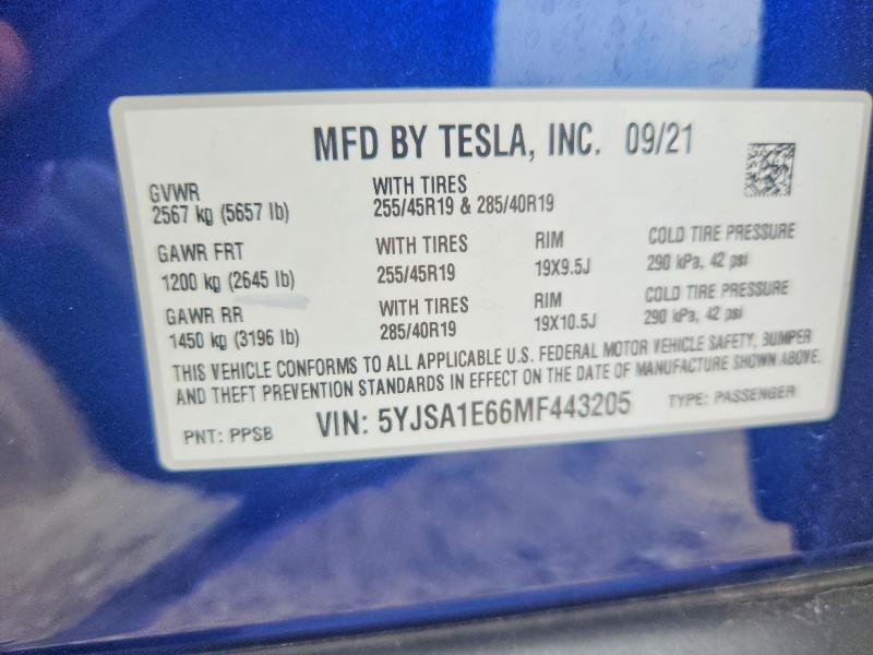 Aukcja sprzedaży 2021 Tesla Model S, vin: 5YJSA1E66MF443205, numer aukcji: 51091726
