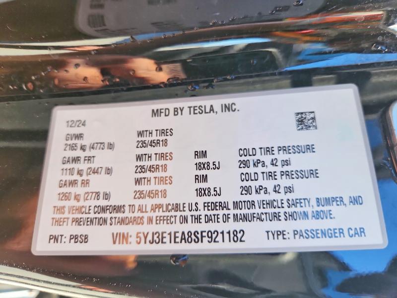 2025 Tesla Model 3 მანქანა იყიდება აუქციონზე, vin: 5YJ3E1EA8SF921182, აუქციონის ნომერი: 48521456