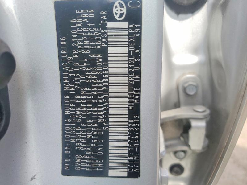Продажа на аукционе авто 2020 Toyota Corolla, vin: 5YFEPRAE0LP086601, номер лота: 51467226