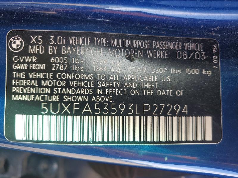 Продажа на аукционе авто 2003 Bmw X5, vin: 5UXFA53593LP27294, номер лота: 49976406